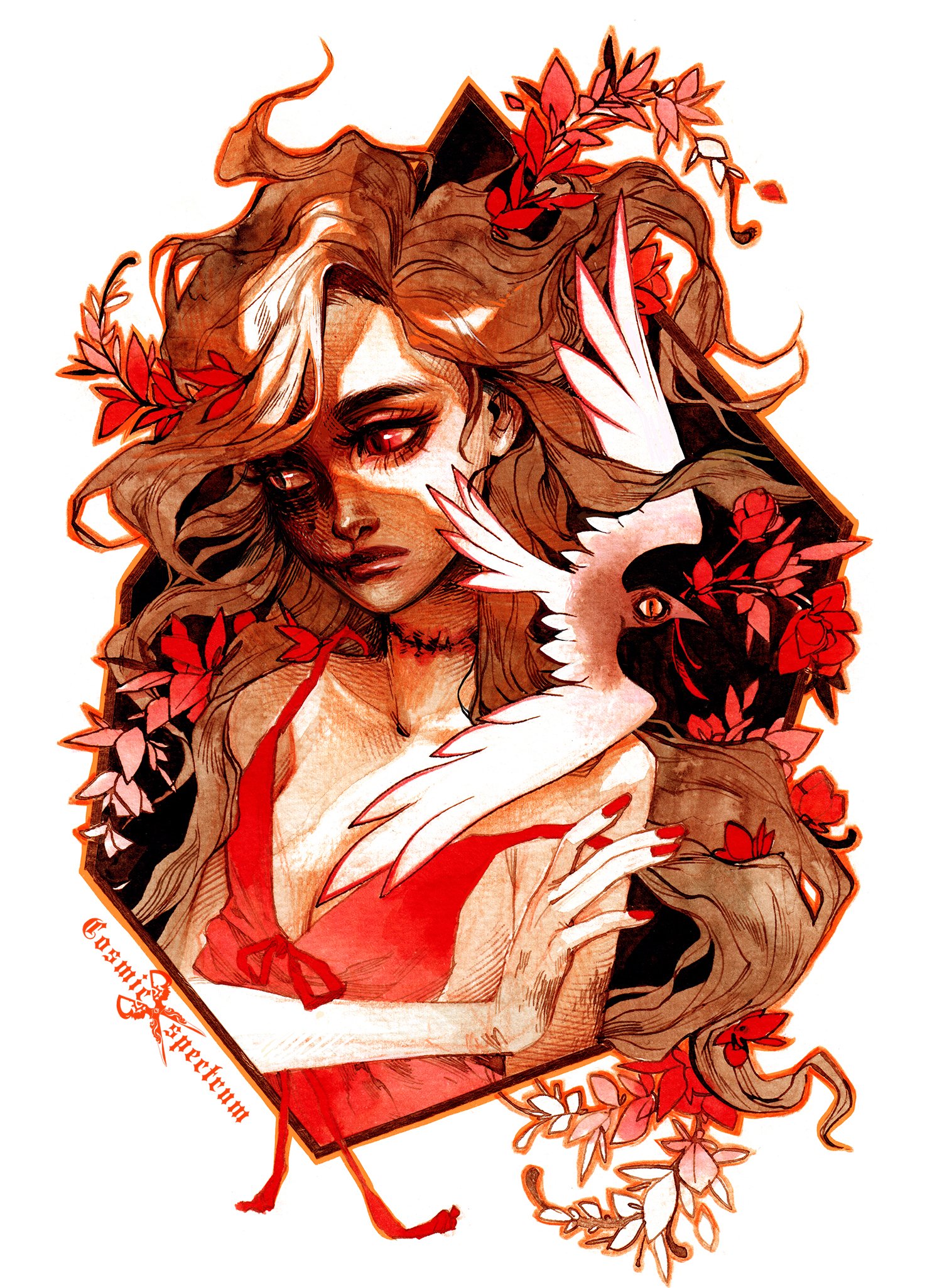 the image is a digital painting or watercolorstyle artwork depicting a young woman with long, flowing brown hair adorned with red flowers.  she is wearing a red, lowcut dress. a stylized white bird, possibly a raven or crow, is partially resting on her shoulder, its dark eye visible.  the overall color palette is predominantly reds, browns, and dark tones, creating a mood that is both romantic and slightly melancholic. the woman's expression is somber. the artwork is framed by a dark, geometric shape with red flowers embellishing the frame.  the artist's signature, "cosmic spectrum," is visible in the lower left. the style is reminiscent of fantasy art or dark romanticism.