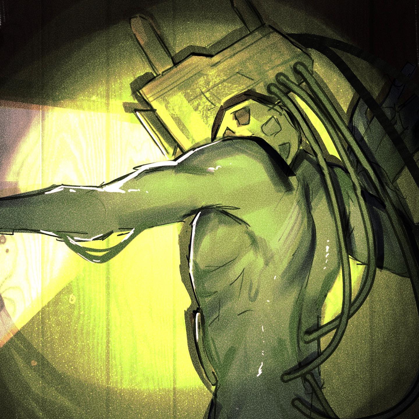 a dynamic sketch captures a cyborg from a low angle. bathed in a dramatic spotlight against a dark, industrial backdrop, the cyborg's sleek, greentoned body is adorned with intricate mechanical parts and wires. their posture suggests movement, hinting at the character's agility and power.