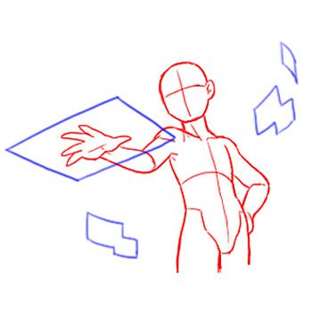 a sketch of an anime character in a pose with their hand outstretched, possibly throwing or reaching for something.  the character is drawn as a stick figure with some detail added for the face, hands and torso. the character is surrounded by geometric shapes that seem to be part of the scene or background.  the style is indicative of an anime or manga style, and the sketch is likely the first stage of a more detailed drawing.