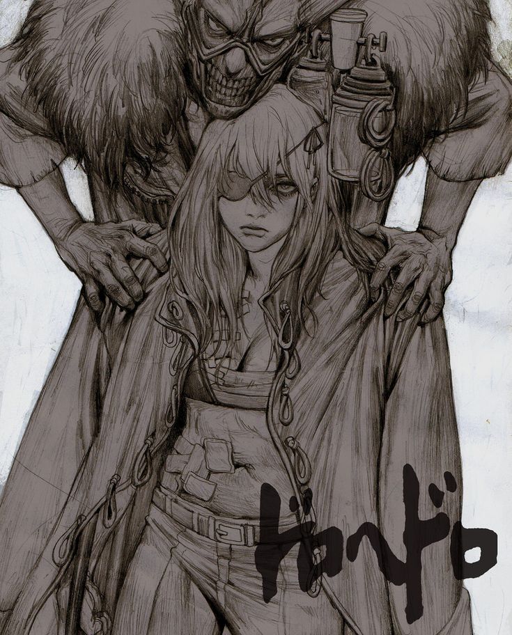 a grayscale illustration of a woman with an eyepatch and  a monstrous man wearing a gas mask, both looking at the viewer. the monstrous man has his arm around the woman. the woman has a belt with a buckle with a gun on it. there is a futuristic looking weapon on the man's back and his hand is around the woman's shoulder. there is "hanyo" written in the bottom right corner.