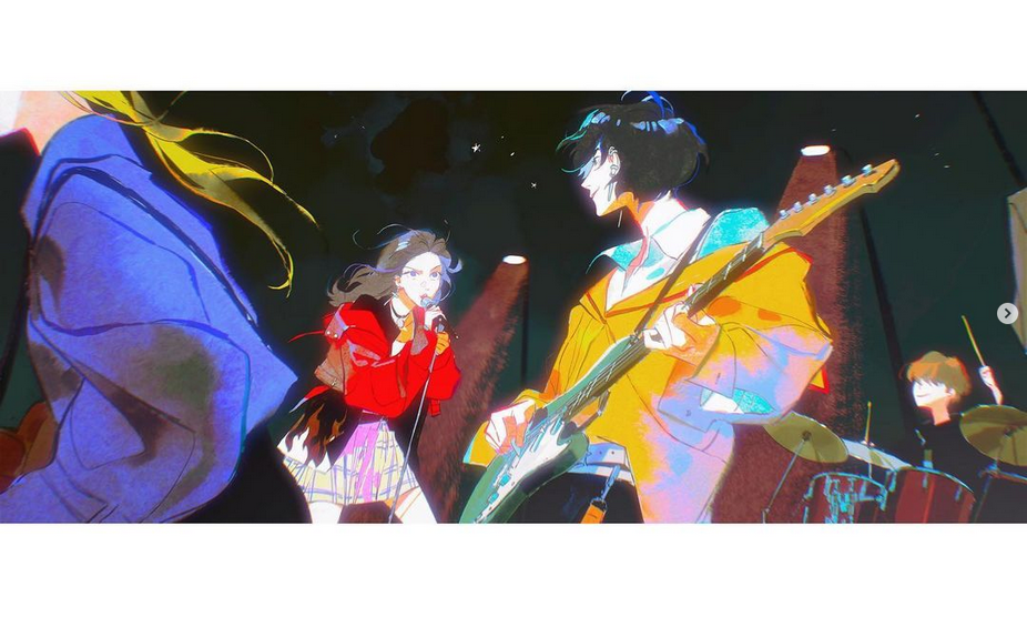this is a digital illustration of an anime band performing on stage.  there are three members: a female vocalist in a red jacket and plaid skirt, a male guitarist with black hair, and a male drummer. the guitar is electric, and the drum set is set up behind the drummer. the stage is lit by spotlights. the illustration is in a colorful, anime style, with the use of vibrant colors and outlines.