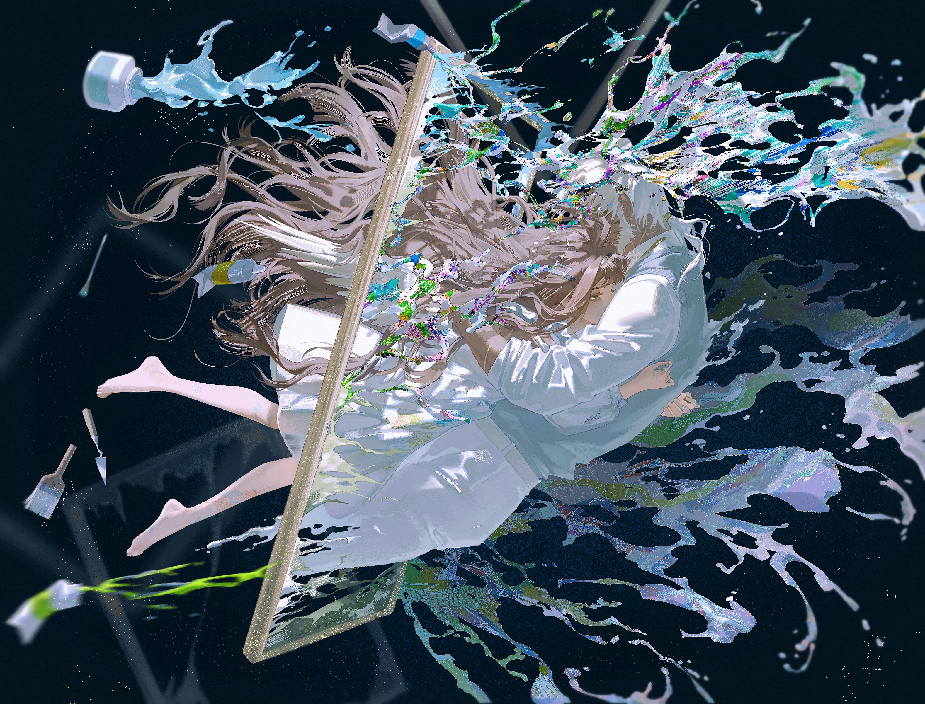 this image is a surreal and dreamlike depiction of two girls, one with long brown hair and the other with short,  hair, are surrounded by a swirling vortex of water and paint. they are hugging each other, both wearing white clothing, and it appears they are submerged in a world of vibrant colors. the background is a deep black, with splashes of blue, green, and white paint creating a dynamic and chaotic atmosphere. the girls seem to be floating in the center of this chaotic scene, suggesting a sense of freedom and movement. the image is beautifully rendered with intricate details and a soft, ethereal quality. it evokes a sense of wonder and mystery, inviting the viewer to explore its abstract depths.