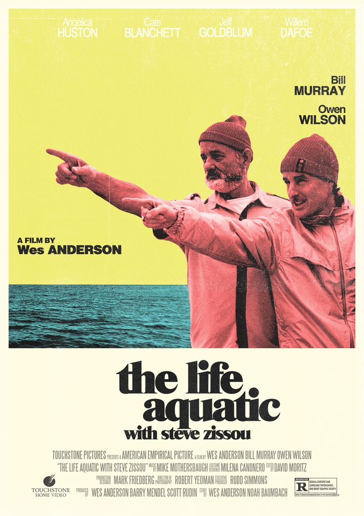 his is a movie poster for the 2004 film "the life aquatic with steve zissou," directed by wes anderson. the poster features bill murray and owen wilson prominently, with a stylized, vintage aesthetic. the background is a vibrant yellow with a tranquil ocean scene. the cast is listed, highlighting the involvement of other notable actors.  the overall design is consistent with anderson's distinctive visual style.  the poster includes the r rating.