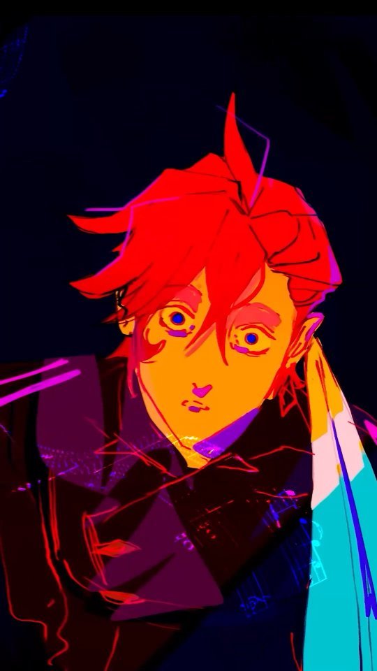 the image is a stylized digital portrait of an animestyle character. the character has bright red hair, orange skin, and striking blue eyes.  they are dressed in dark clothing with a scarf or collar detail. the overall color palette is vibrant and neonlike, using high contrast between dark and bright colors. the art style is bold and graphic, with strong lines and a sense of energy. the background is dark, further emphasizing the character's brightly colored features. the character's expression is intense and their gaze is direct, engaging the viewer. the overall aesthetic leans toward cyberpunk or a similar edgy style.