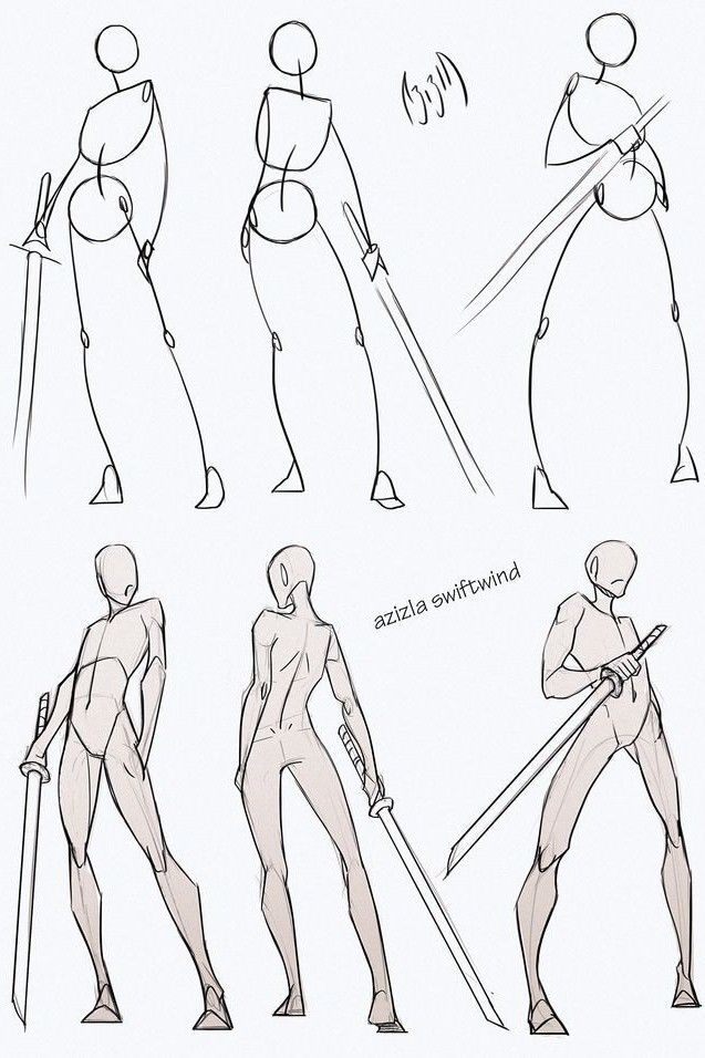 the image is a drawing of a character in different poses holding a sword. it is a sketch with no colors, outlines and is likely a practice piece to help the artist develop the character’s anatomy and movement.