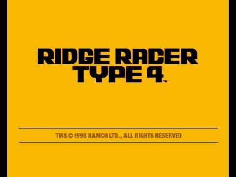 the title screen for the 1998 playstation racing game ridge racer type 4. the logo for the game is shown against a yellow background. the copyright information is at the bottom of the image.