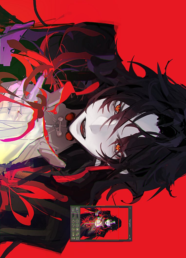 an anime style illustration of a handsome, darkhaired man with orange eyes. he's looking at the camera, with a slight smirk on his face.  his hair covers most of his face, creating a mysterious feel. he's wearing a white shirt with a red ribbon, and his shirt is unbuttoned, showing some skin. he is set against a vibrant red background.