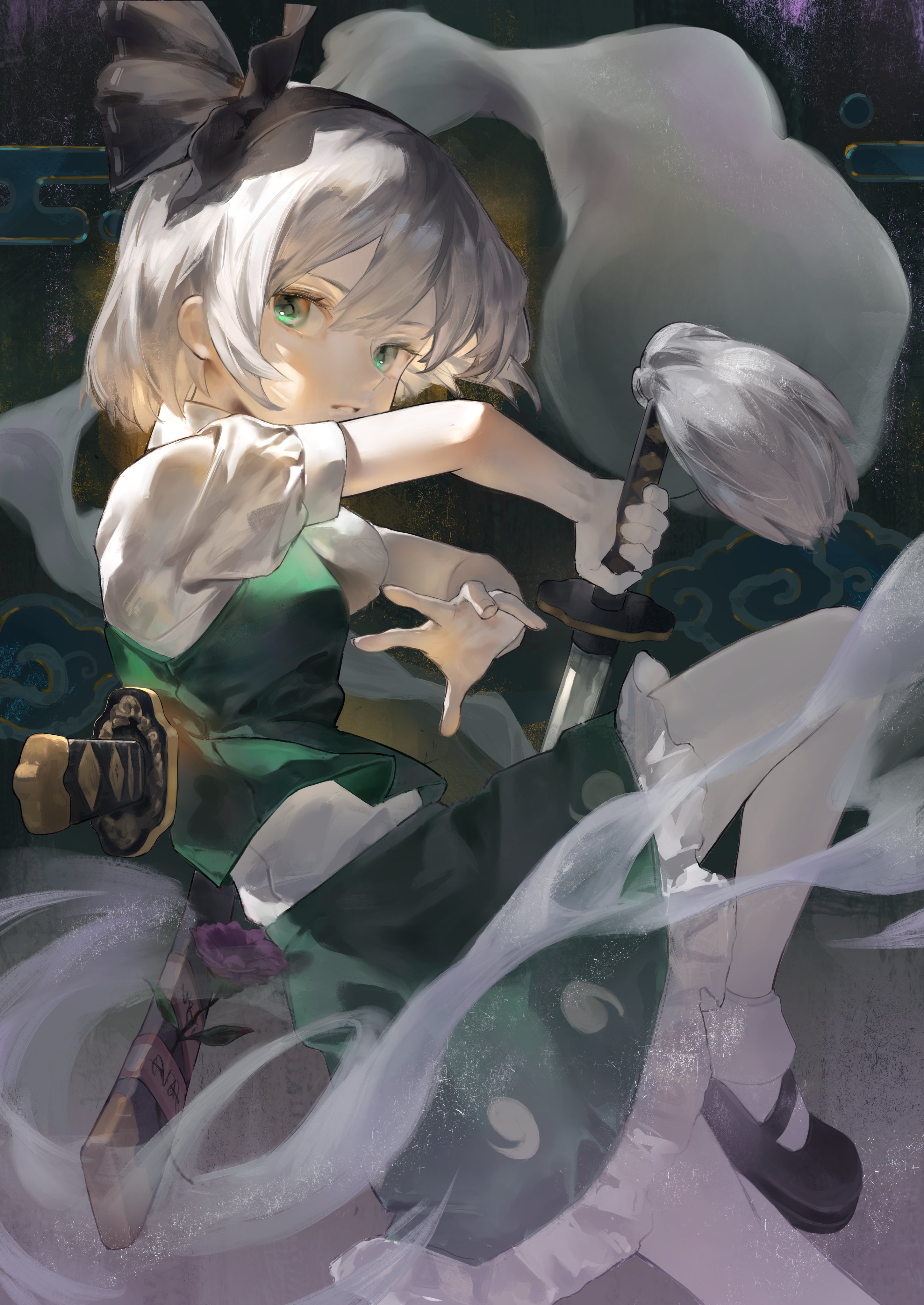 he image is a digital painting of yukari yakumo from the touhou project. she's depicted as a young woman with long white hair tied in a bow, wearing a green and white dress.  she holds a sword with a fluffy white tassel, and is surrounded by a smoky, ethereal effect.  the art style is soft and painterly, with a focus on creating a dreamy and mystical atmosphere. the colors are muted and blend seamlessly, enhancing the overall sense of grace and elegance.