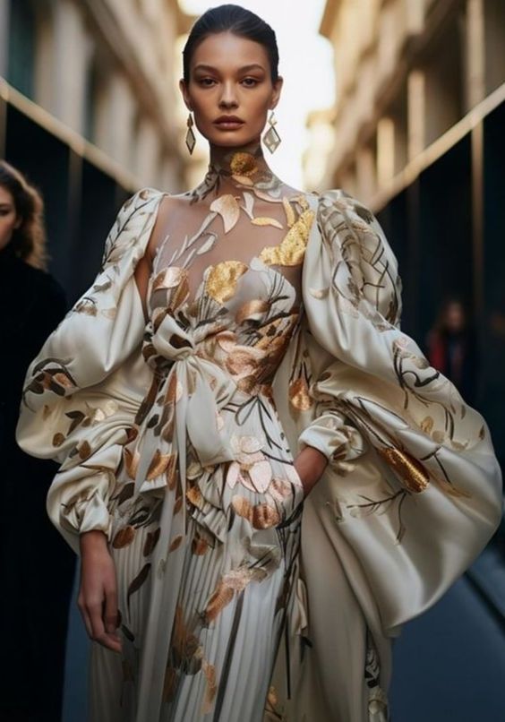 a woman model is walking down a runway wearing a long, white gown with gold floral embroidery. she has a high neck collar and large puffy sleeves that are designed to add volume and drama to the outfit. the dress also has a wide, flowing skirt that creates a sense of movement and elegance. she is also wearing gold earrings and has her hair pulled back in a simple, chic style. the woman's makeup is subtle and elegant, focusing on her natural features. the overall effect is one of sophisticated glamour and refined style. the background is blurred, keeping the focus on the model and her outfit.