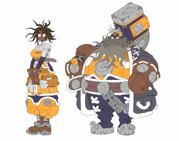 this image is a sketchlike animestyle illustration of a character design for two characters. on the left is a female character, she is a young woman with dark skin, short dark hair, and wearing large, round, glasses, and a yellow and white outfit. she appears to be small in stature.  she is standing with her arms crossed and looking towards the viewer.  next to her on the right is a large male character with white hair and a long white beard, and wearing a brown outfit. he is also wearing large, round, glasses, and has a large hammer on his back. he appears to be looking off to the side.  the characters are standing side by side. the artwork appears to be in the early stages of development.