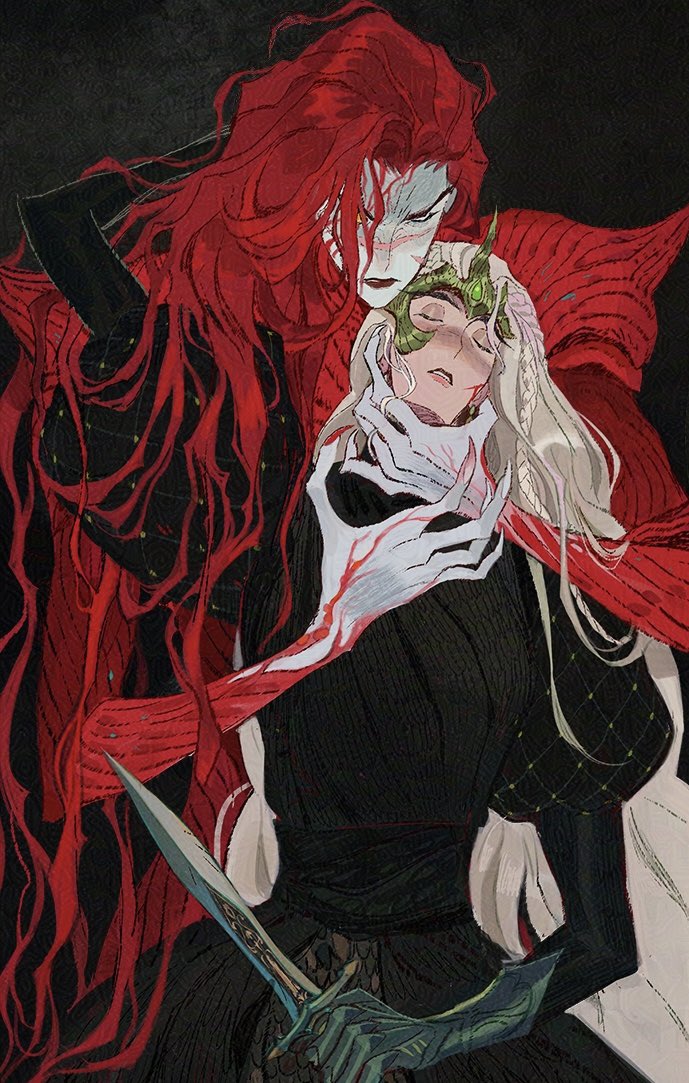 this image depicts a dark and mysterious scene with two characters. one is a demonlike figure with long red hair and a black and red outfit. he has a severe expression, with one eye shut tight. they have their hands around the throat of another character, who has long white hair and a green mask, with a terrified expression. the demon holds a silver dagger in their right hand. the background is dark and shadowy, with a red glow, and a red scarf is around the demon's neck.  the image is heavily stylized with dark and contrasting colors, adding to the overall dark and dramatic atmosphere.