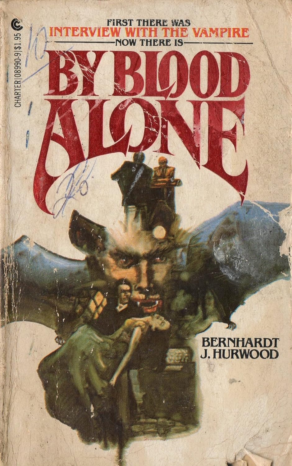 this is a scan of the cover of the paperback edition of by blood alone by bernhard j. hurwood.  the cover features a dramatic illustration depicting a batlike creature, possibly a vampire, with a woman's body slumped in front of it.  the background includes what seems to be a shadowy, gothic setting. the title "by blood alone" is prominently displayed in large, stylized red lettering. the cover also mentions "interview with the vampire," referencing the preceding book. the overall aesthetic is consistent with horror fiction from the 1970s. the book shows signs of age and wear.