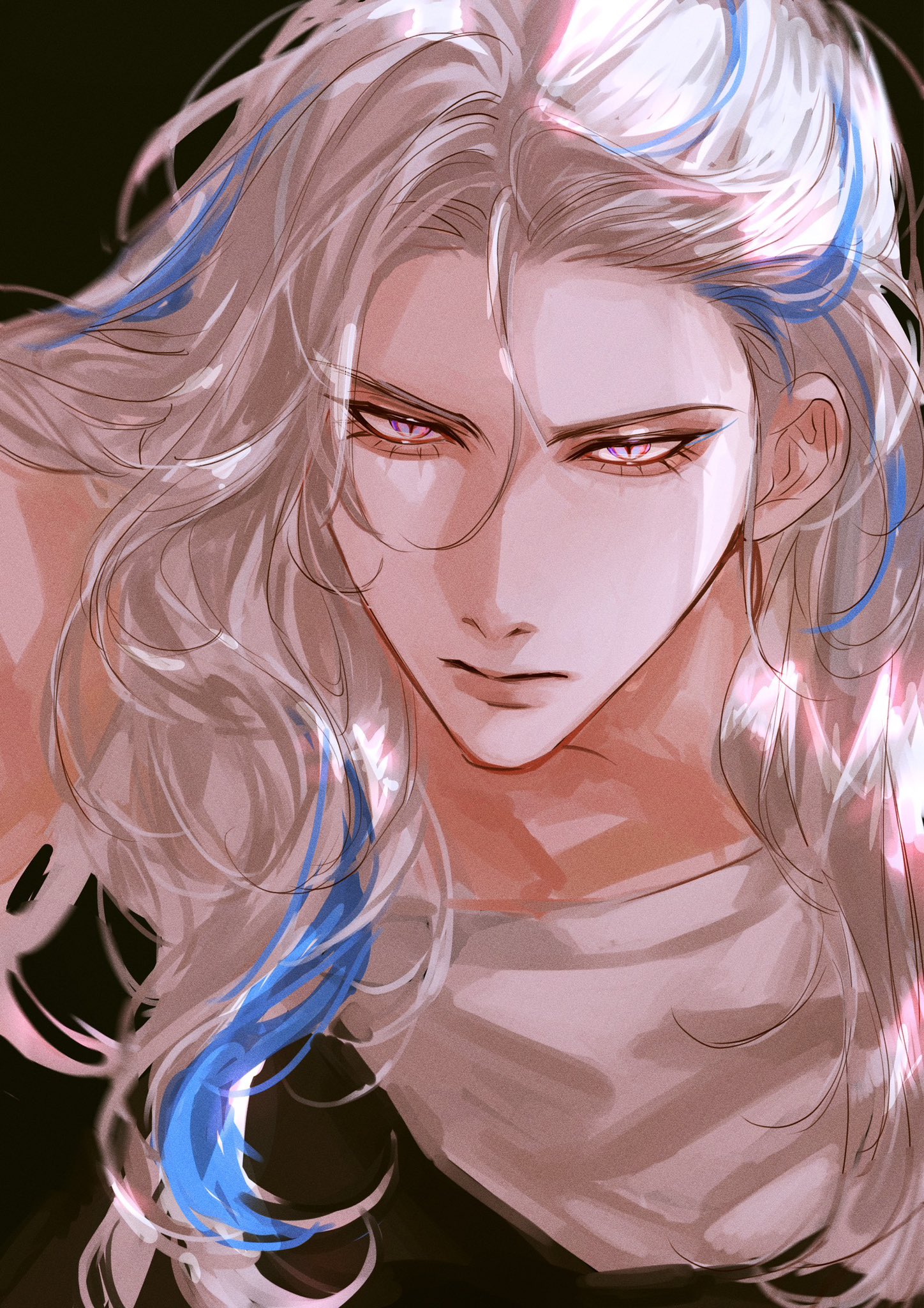 a digital art illustration of an animestyle man with long, white hair with blue streaks in it. he has a serious expression on his face and is staring at the camera.  he has purple eyes.  the art is done in a colorful, slightly stylized way.