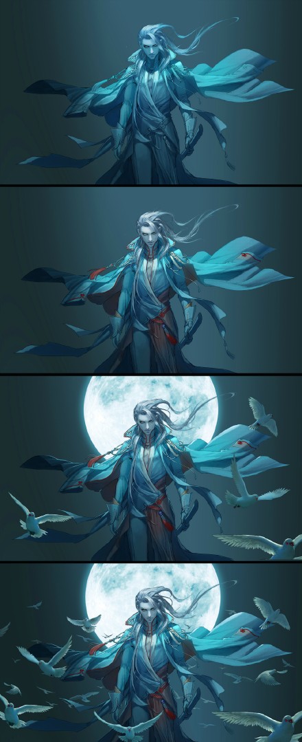 this image is a digital art piece of a fantasy anime character with long white hair and a blue outfit. the character is standing in front of a crescent moon, with a cape or cloak billowing behind them.  the character is surrounded by birds flying in the air. the background is a night sky.