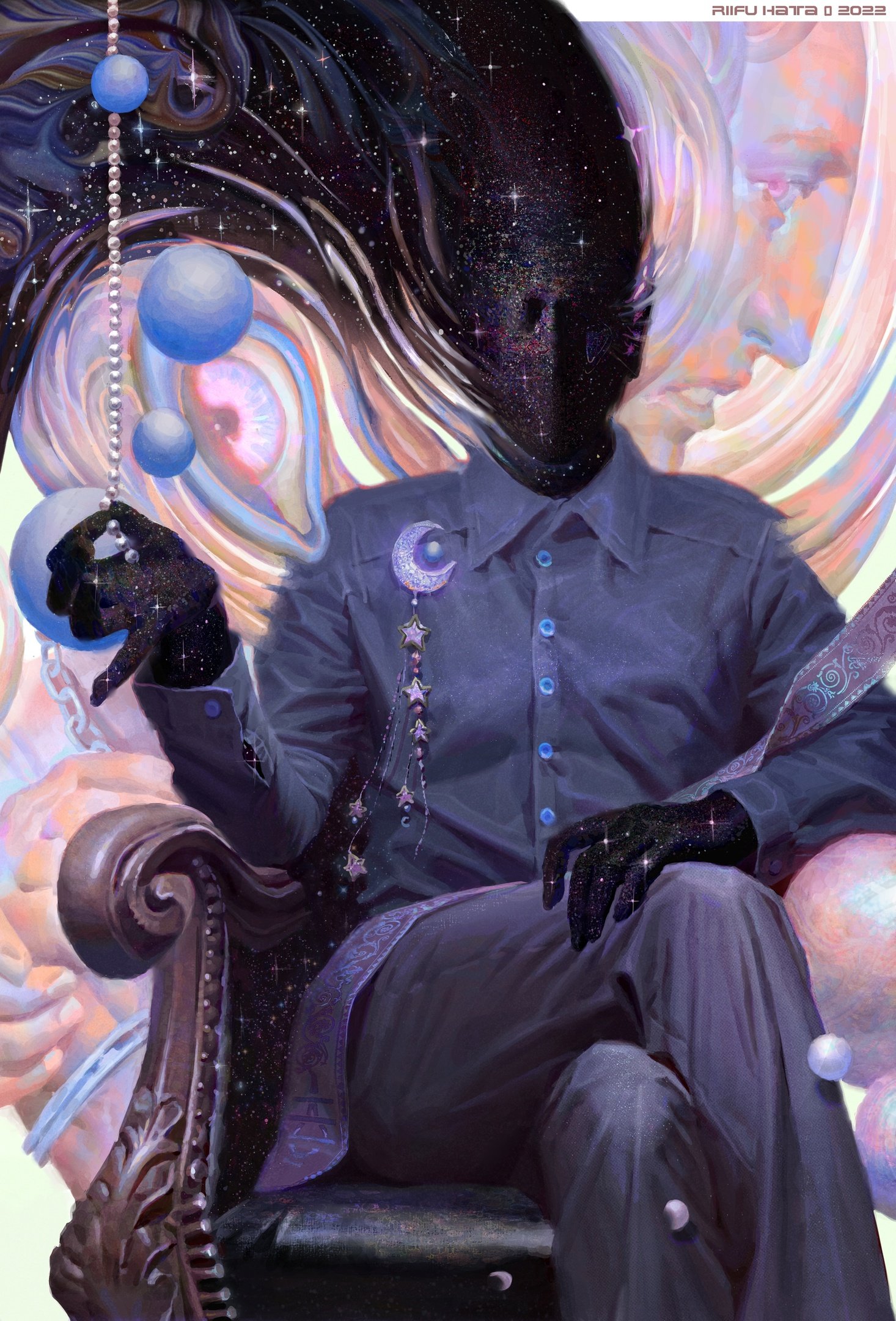 a male figure with skin and hair composed of swirling galaxies sits upon an ornate wooden throne. he is adorned with celestial accessories  a crescent moon brooch, starshaped buttons  and holds a chain of pearly orbs, each reflecting a different celestial scene. his form blends seamlessly with the swirling, ethereal background, creating an aura of cosmic power and mystery.