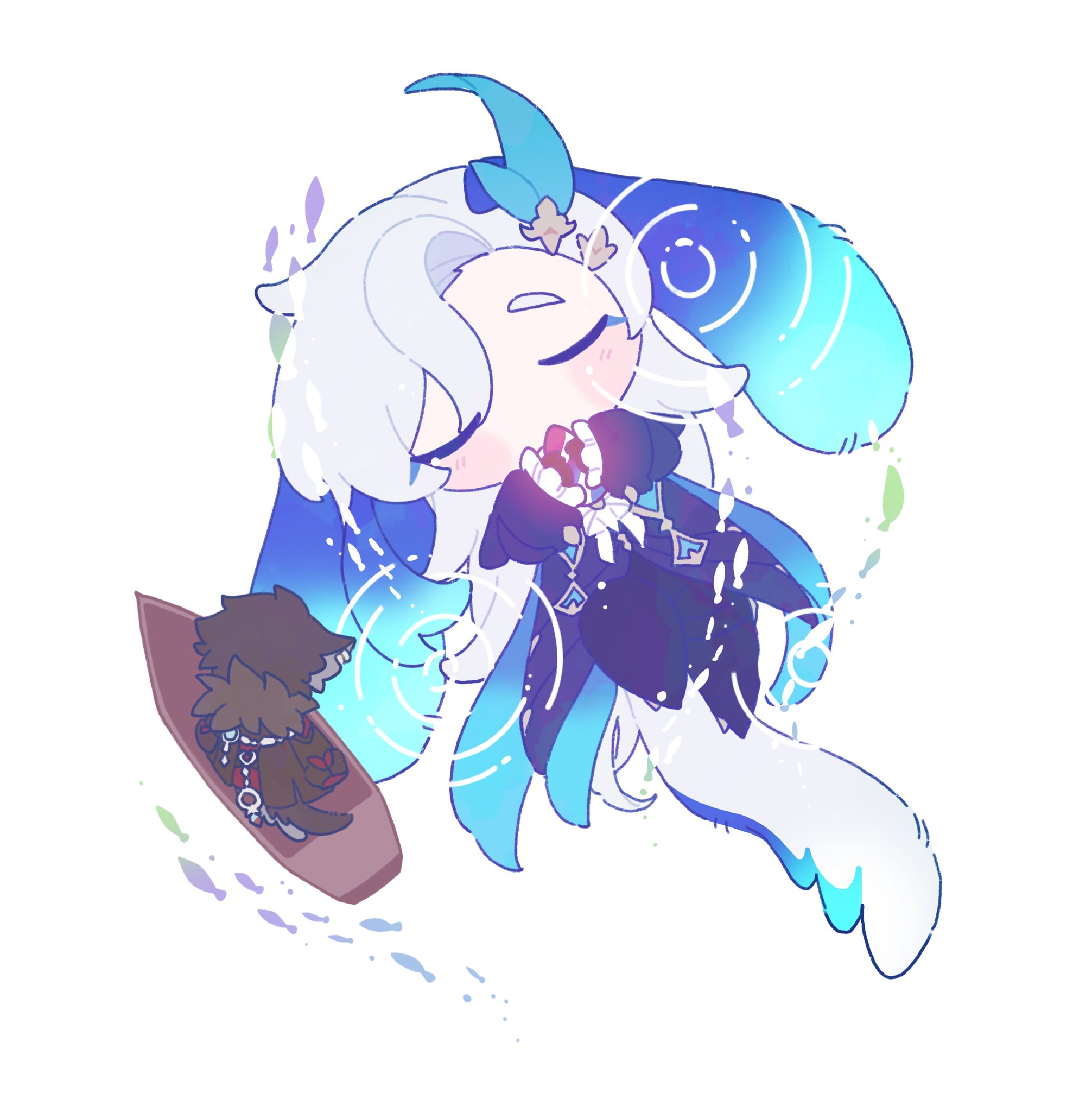 this is a digital fanart depicting a chibi version of sangonomiya kokomi from genshin impact.  she's depicted in a dreamy, pastel color palette with shades of white and blue, surrounded by swirling water and small fish.  kokomi has her eyes closed, appearing serene and peaceful.  a smaller, brown animal companion is shown in a small boat, seemingly sailing alongside her. the overall style is cute and adorable, with soft lines and a whimsical atmosphere.