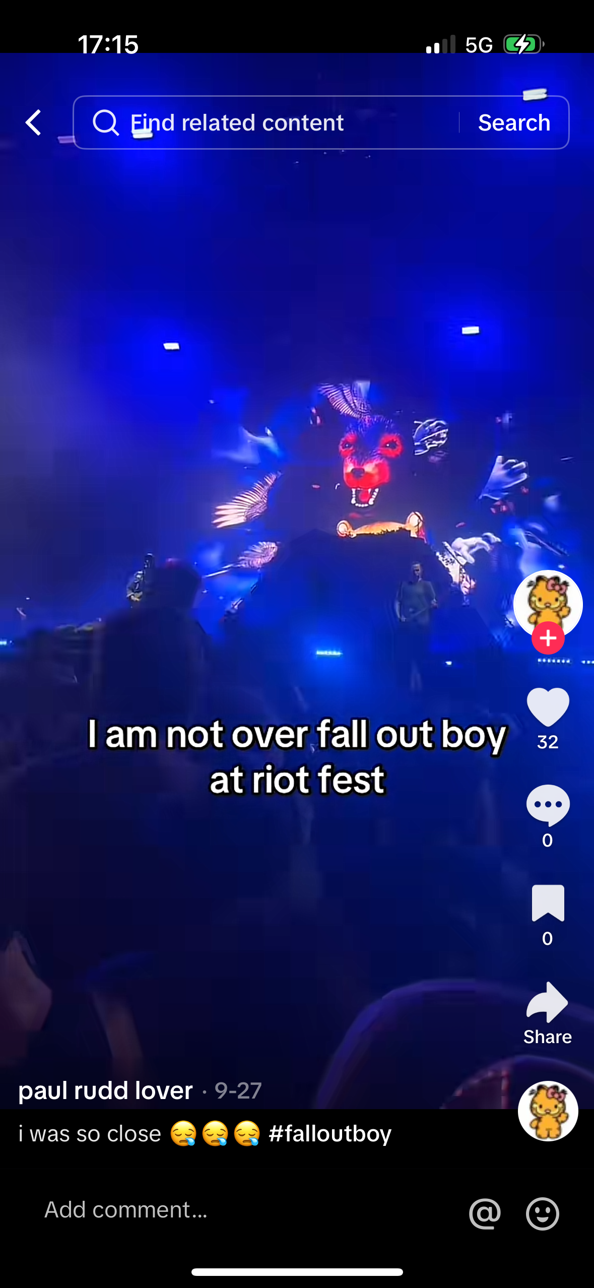 a person is at a concert holding their phone up to record fall out boy, the band is performing on stage and the person is very excited about it. the caption says 'i am not over fall out boy at riot fest'. the user also posted that they were 'so close' to the band and that they were 'crying' in happiness.