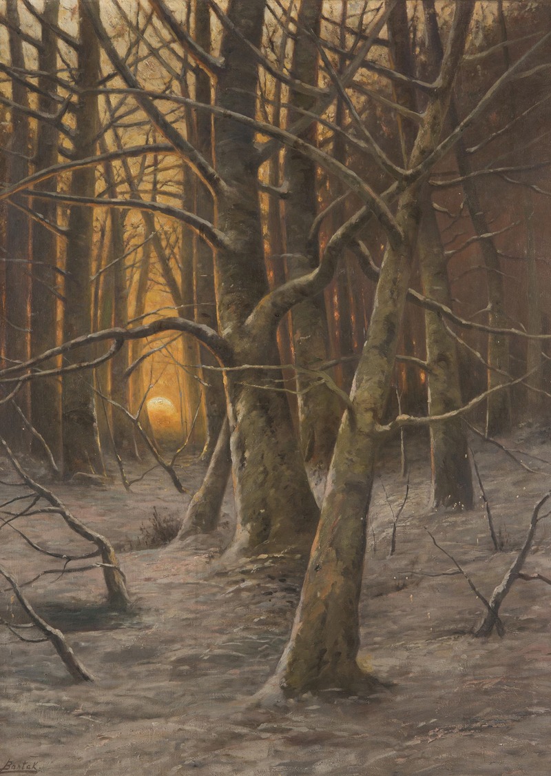 a painting depicts a dense forest in winter. tall, bare trees fill the scene, their trunks and branches reaching upwards. the ground is covered in snow, with patches of bare earth visible in places. in the distance, a faint, warm light suggests a setting sun or early morning glow, illuminating the path between the trees. the overall mood is atmospheric and evocative of a cold, serene winter landscape.