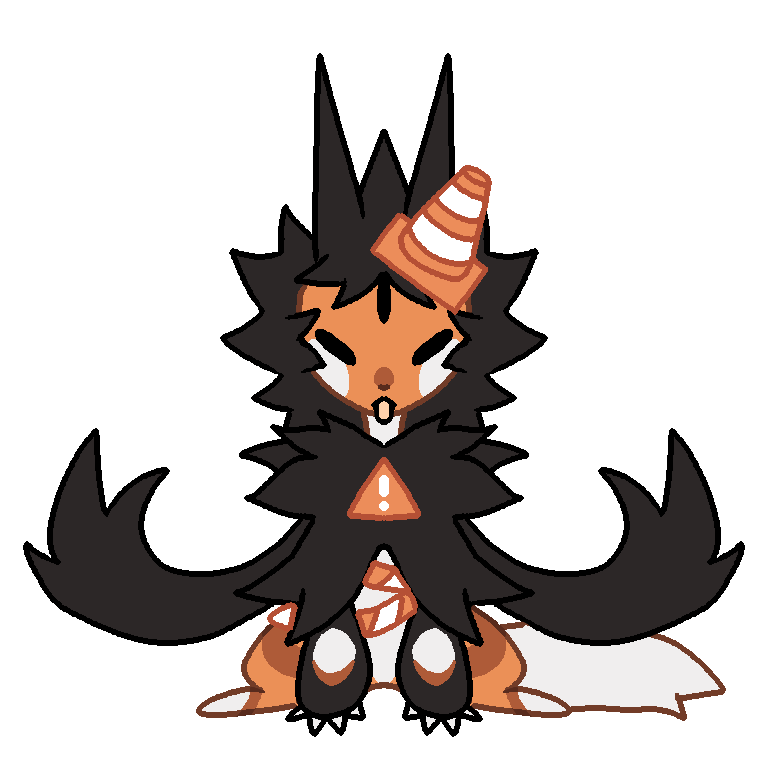 a black and orange furry animal cartoon character with an orange cone on it's head.  the character is facing forward and has it's paws up.  the character is standing on a white background.