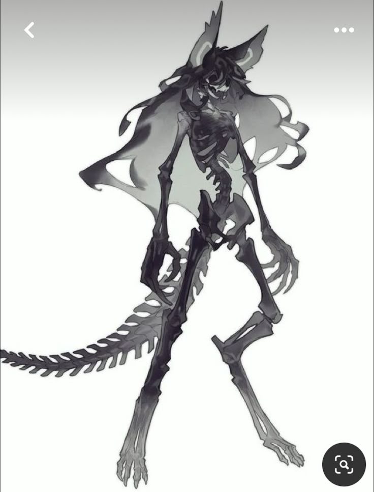 the image shows a tall, skeletal monster. it has a humanoid shape but is made entirely of bones. it features batlike wings, a long bony tail, and sharp claws. the overall color scheme is black and white, giving it a spooky, fantasyinspired appearance.