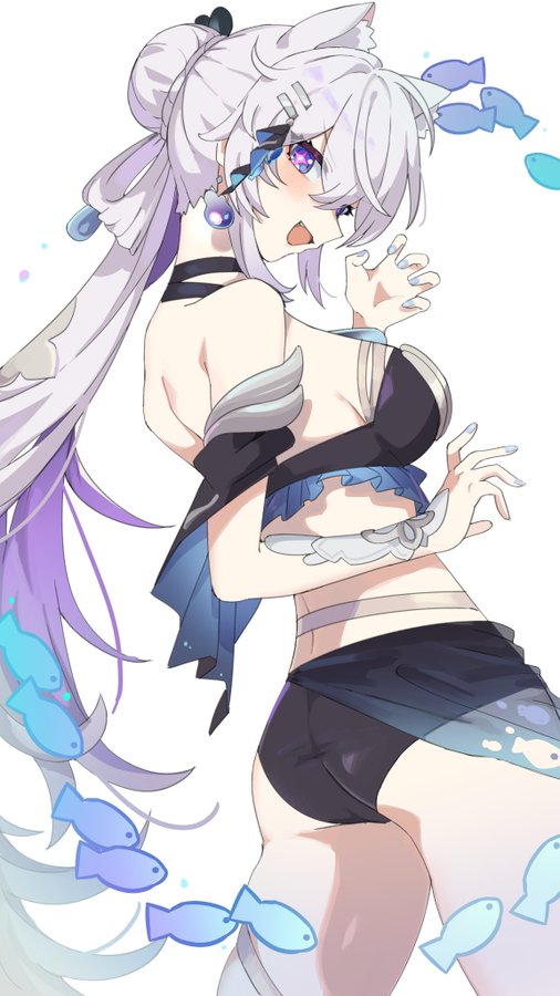 this image is a digital illustration of an anime girl with white and purple hair wearing a blue and black swimsuit and a white accessory on her arm. she is surrounded by blue fish and is looking off to the side as if she is in thought.  the style of the artwork is in a bright and colorful style, typical of manga and anime art.