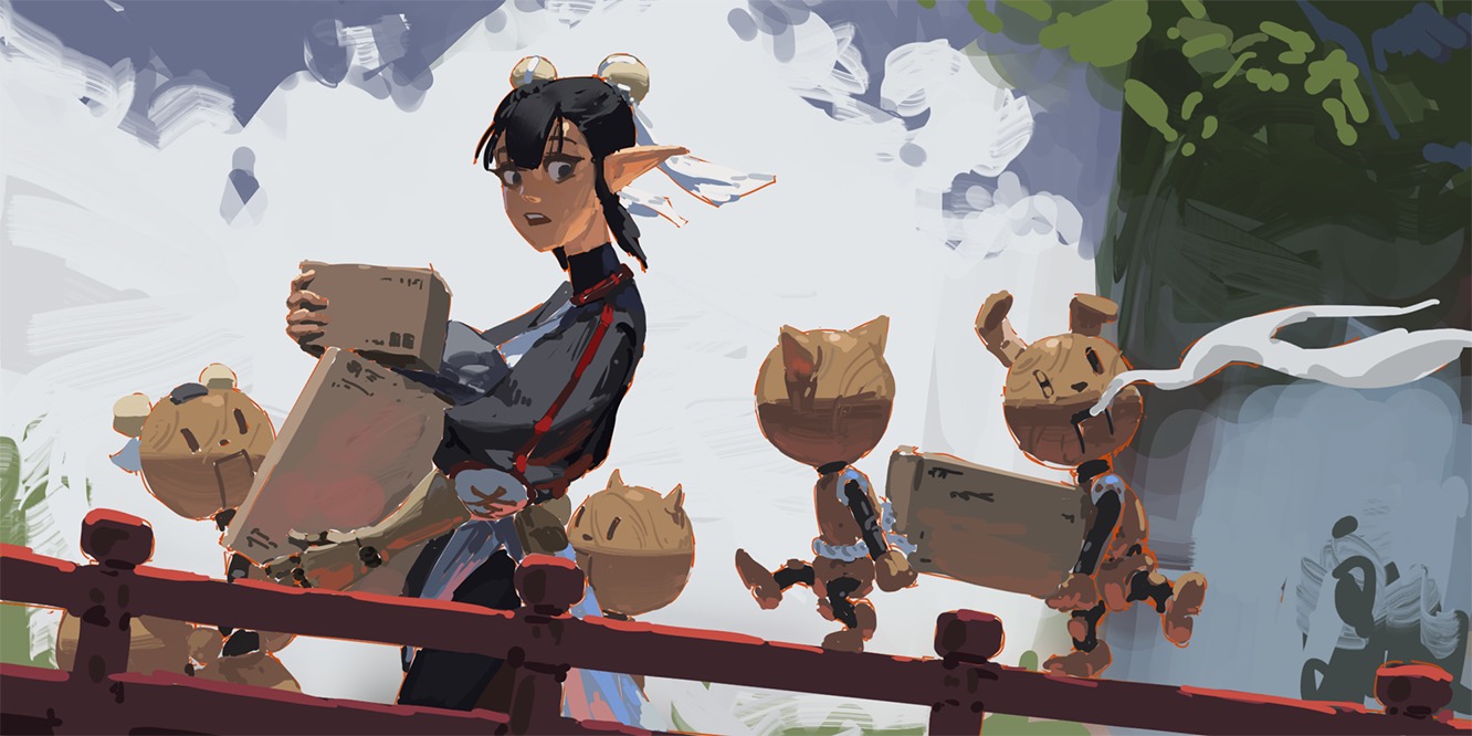 he image is a digital painting in a loose, painterly style, depicting an animestyle elf girl with dark hair and elf ears carrying boxes. she is walking along a red bridge, accompanied by three small wooden creatures, also carrying boxes. the style is whimsical and cute, with a blend of fantasy and everyday elements. the background is a lightly painted landscape with hints of trees and a bright, sunny atmosphere. the overall mood is lighthearted and playful.