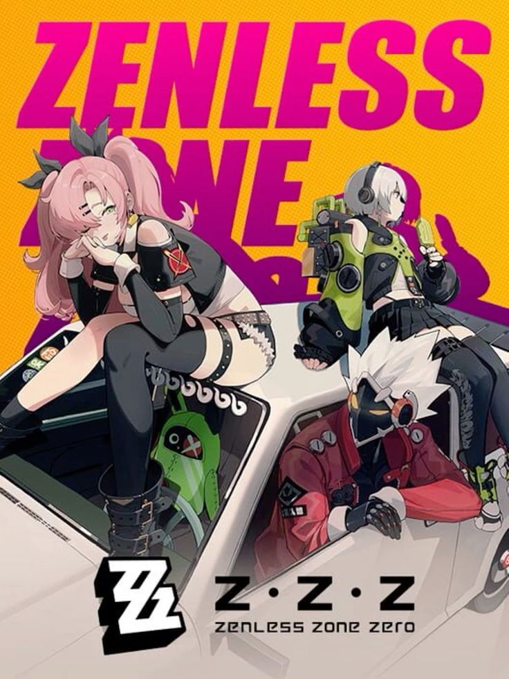 the image is a promotional poster for the video game "zenless zone zero" (abbreviated as zzz). it features three stylized anime characters in dynamic poses, positioned around a futuristic car. the characters have unique designs, including clothing and accessories indicative of cyberpunk aesthetics. the overall style is vibrant and colorful, with bold typography highlighting the game's title. the central focus is the three characters showcasing the diversity and distinct aesthetic of the game's characters.  the image's composition and artistic style are aimed at capturing the attention of the target audience and generating excitement for the game.
