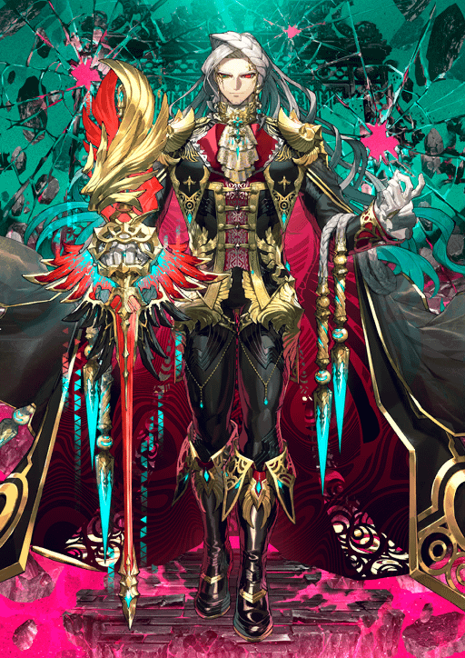 a fullbody digital illustration features a stylized male character standing against a fractured, greenishturquoise backdrop with pink splashes. the character has fair skin, gray hair, and striking red eyes, contributing to a fantastical aesthetic. he is dressed in an elaborate, dark outfit trimmed with gold, featuring a cape, frills, and ornamental details. he holds a decorated staff in one hand, adding to the grandeur and fantasy elements of the image.