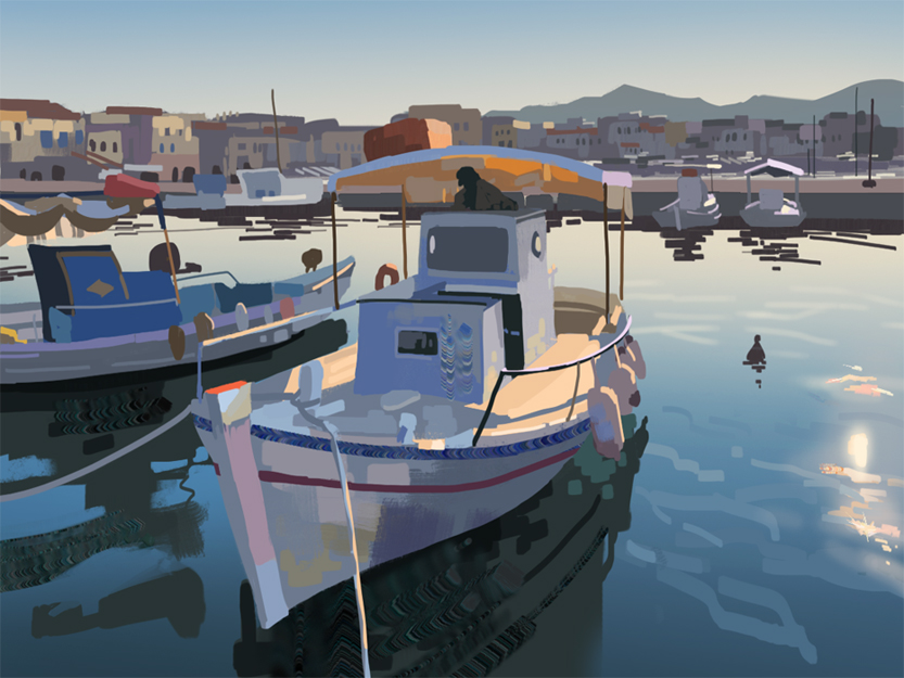 the image is a serene depiction of a harbor scene with boats docked on the calm blue waters.  the harbor is framed by a picturesque cityscape of pastelcolored buildings.  the focus is on a large, white fishing boat with a yellow canopy.  the boat is positioned prominently in the foreground, with other boats and the cityscape as a backdrop. the sundrenched water reflects the blue sky and the vibrant colors of the city, making the scene idyllic and peaceful.