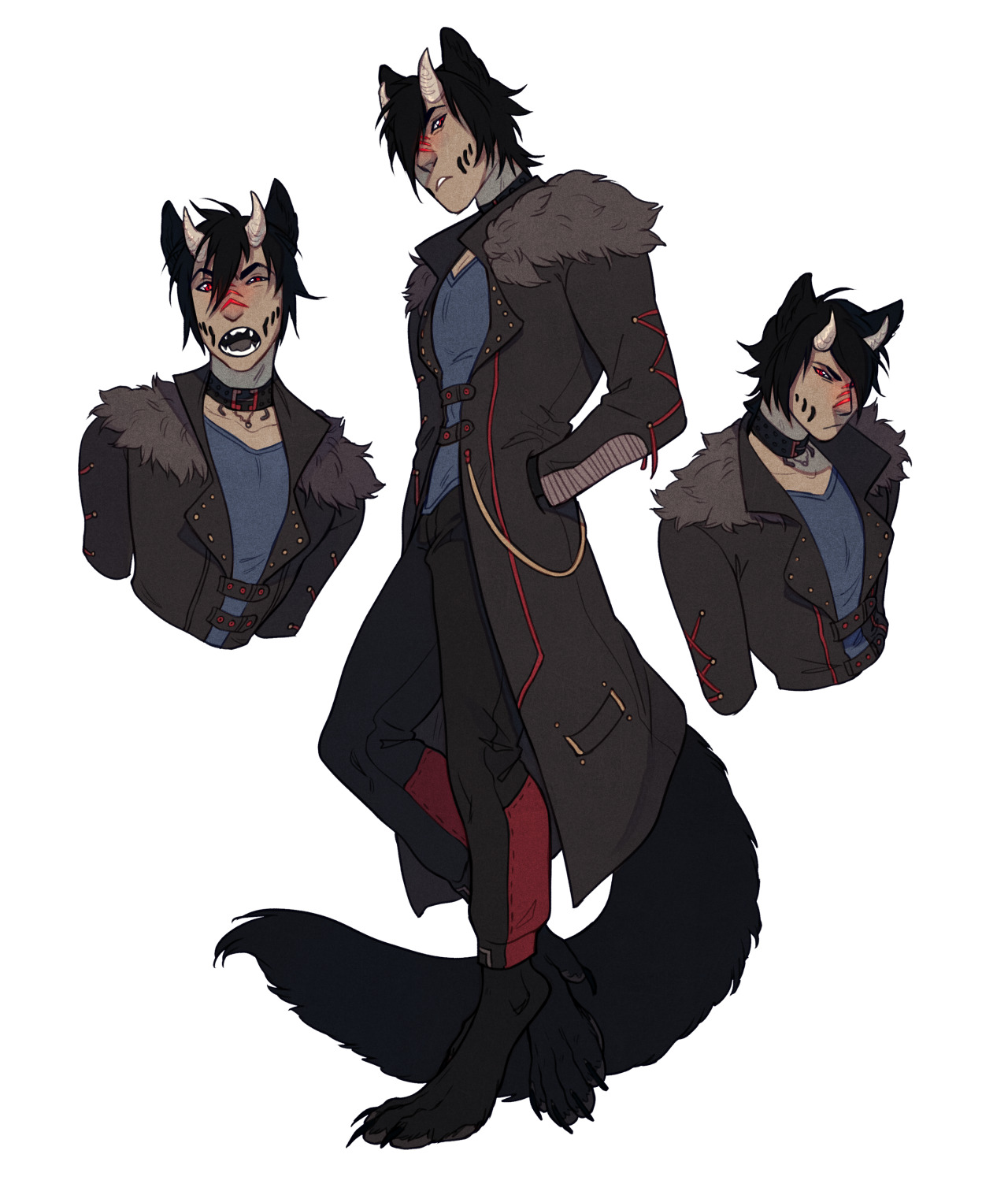 the image showcases a character design, likely an original character (oc). it's a furry, specifically a caninelike humanoid, potentially a werewolf. there are three depictions of the character: a full body showcasing their attire, and two busts showcasing different angles and expressions. the character has black fur with red markings, dark hair, and wears a black and red themed outfit. they have a punkinspired aesthetic with a long coat, studded collar, and a mix of fabrics. the art style suggests a fantasy setting.