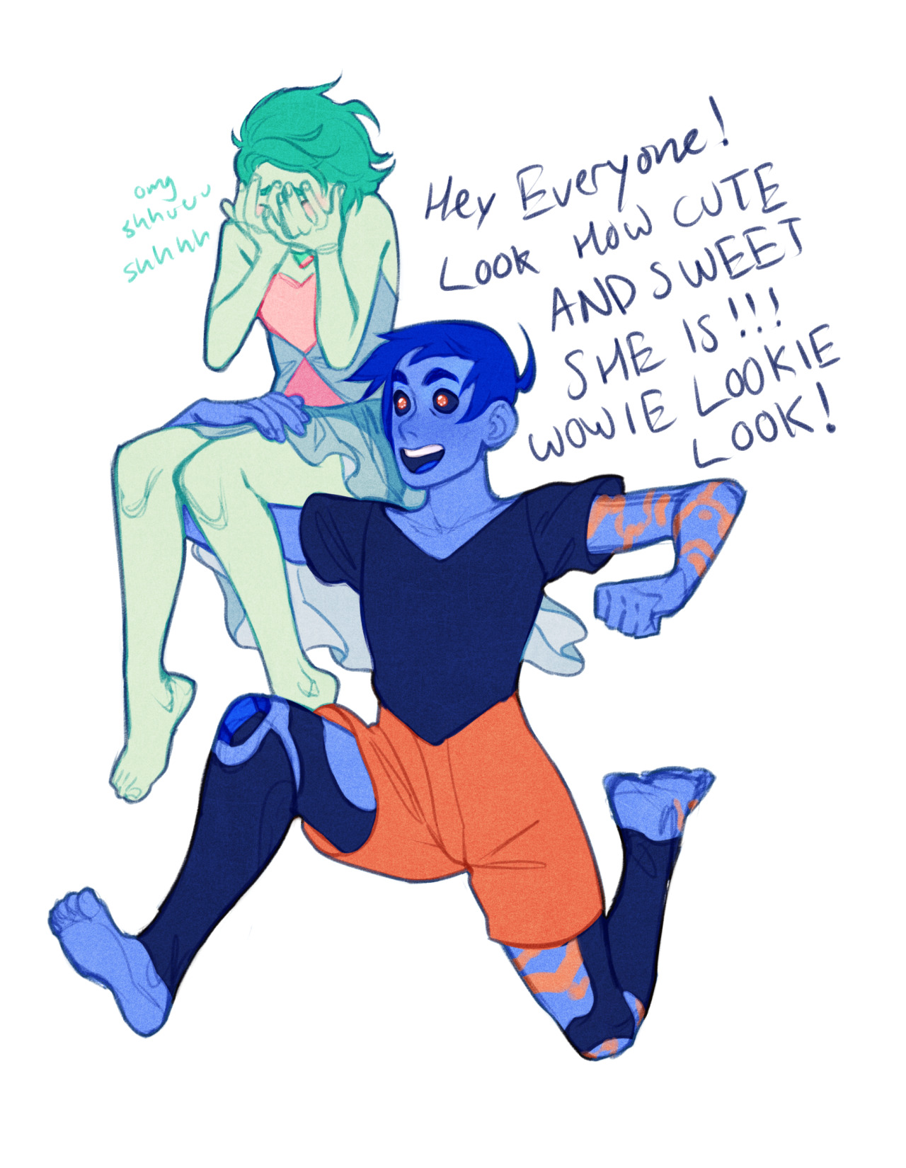 a blueskinned person is excitedly showing off a greenskinned person they're carrying on their shoulders. the green person is covering their face, embarrassed by the attention.