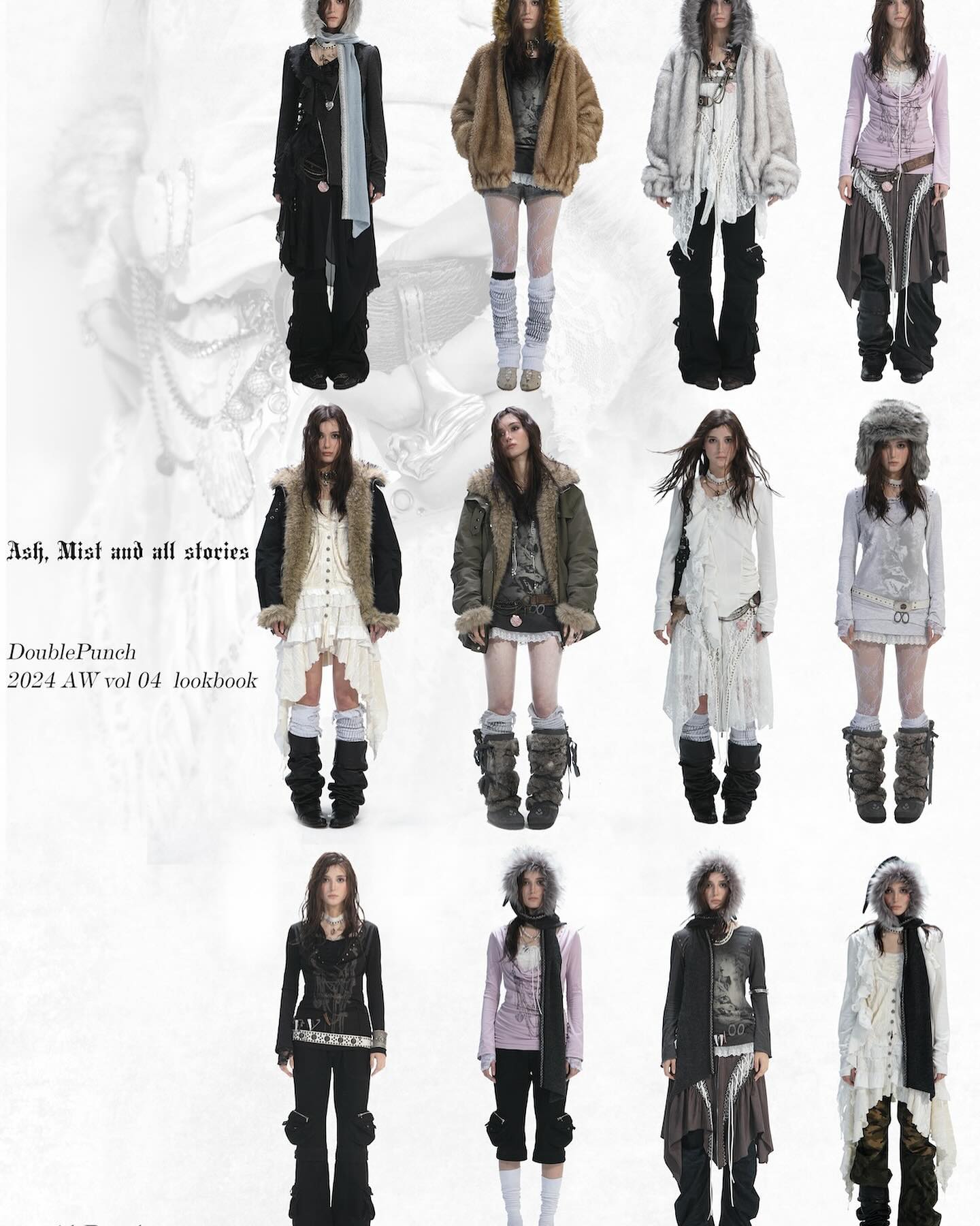 the image is a fashion lookbook showcasing the doublepunch 2024 autumn/winter collection (vol. 04). it features twelve different models wearing various outfits, all with a similar aesthetic. the style blends gothic, bohemian, and grunge elements, with layered clothing, dark colors, and vintageinspired details. each model is presented individually against a neutral backdrop. the outfits include various coats, jackets, dresses, skirts, boots, and accessories, emphasizing textures like fur, lace, and wool.  the overall tone is dark, romantic, and slightly mysterious. the title "ash, mist and all stories" suggests a narrative or theme to the collection.