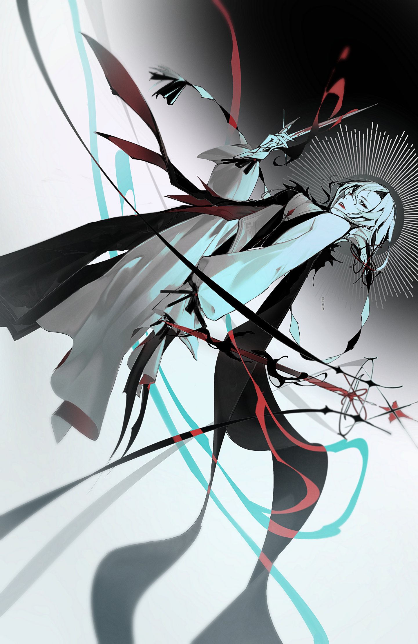 this is a digital painting of an anime girl in a white and black outfit. she is holding a weapon, and there are abstract shapes in the background.