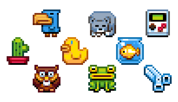 a collection of pixel art icons featuring a variety of objects and animals, including a toucan, a dog, a gameboy, a cactus, a rubber duck, a fishbowl with a fish, an owl, a frog, and a pair of binoculars.