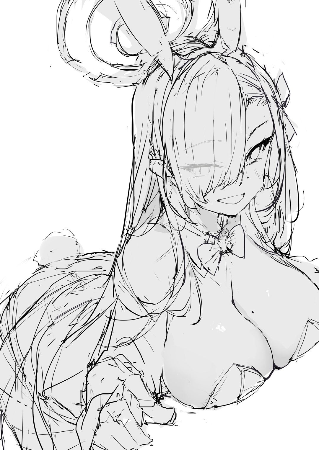 the image is a rough, sketchy digital drawing of an animestyle bunny girl. she has long flowing hair, large rabbit ears, and is depicted from the chest up. her expression is playful and slightly suggestive. she is wearing a bunnythemed outfit that reveals significant cleavage. the style is reminiscent of a quick sketch or concept art, with loose lines and shading. the overall impression is one of a flirtatious and charming character.