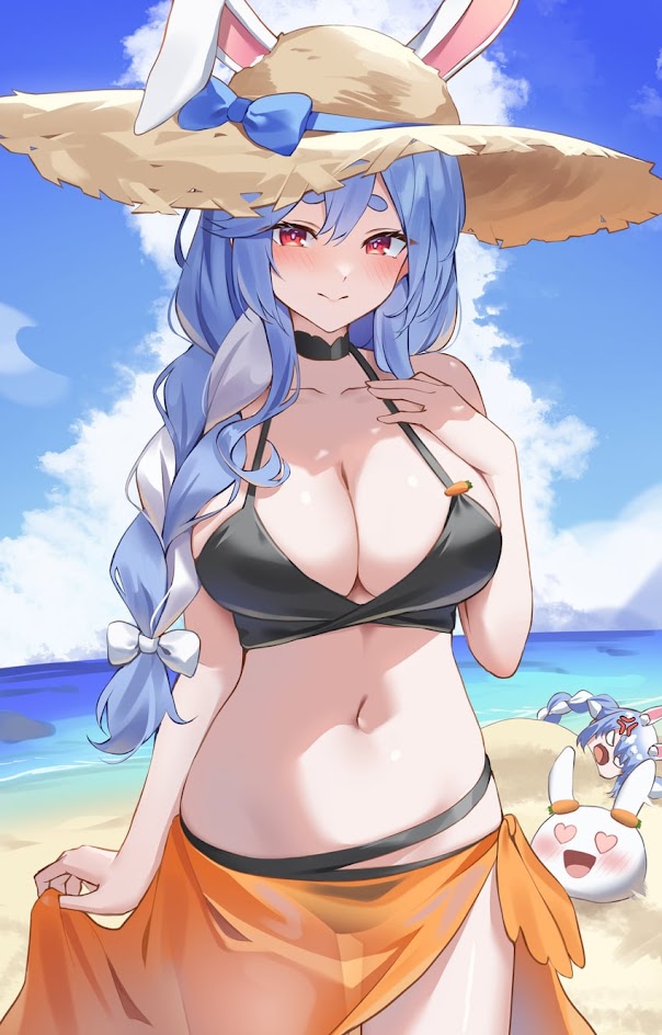 an anime girl with blue hair and bunny ears is wearing a straw hat, black bikini, and orange sarong. she is standing on a beach with her arms by her side, smiling and looking at the camera. there is a small, white bunny cartoon with hearts for eyes on the sand behind her to the right.  the background shows a blue sky with white clouds and a blue ocean.
