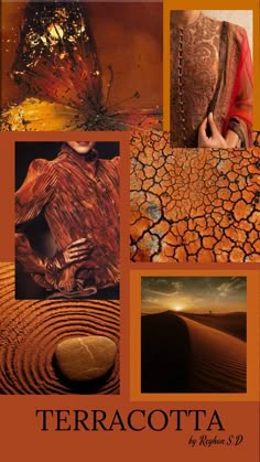 this mood board is titled "terracotta" and it features various images and textures in shades of orange, brown, and yellow. the central image is a collage of a butterfly, a jacket, cracked earth, and a desert landscape. there are also images of embroidered fabric and a sunset. the colors are warm and inviting, and the overall feel of the board is earthy and rustic. the title "terracotta" is written in large black letters at the bottom of the board, with "by rephain s.d" written beneath it in smaller font. the board is likely intended to inspire designers, artists, and others who are looking for inspiration for their creative projects.  the images and colors are all very cohesive and work together to create a strong and unified visual statement.