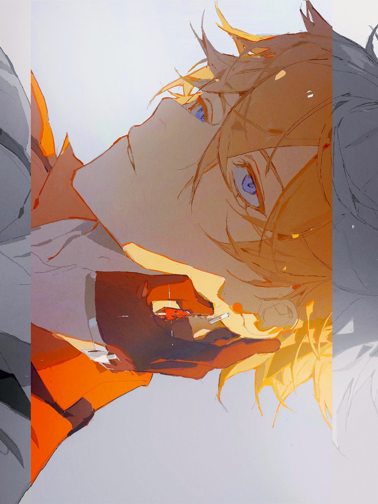 an anime man with blond hair and blue eyes is looking up. he is holding a cigarette in his hand. he is wearing an orange jacket.