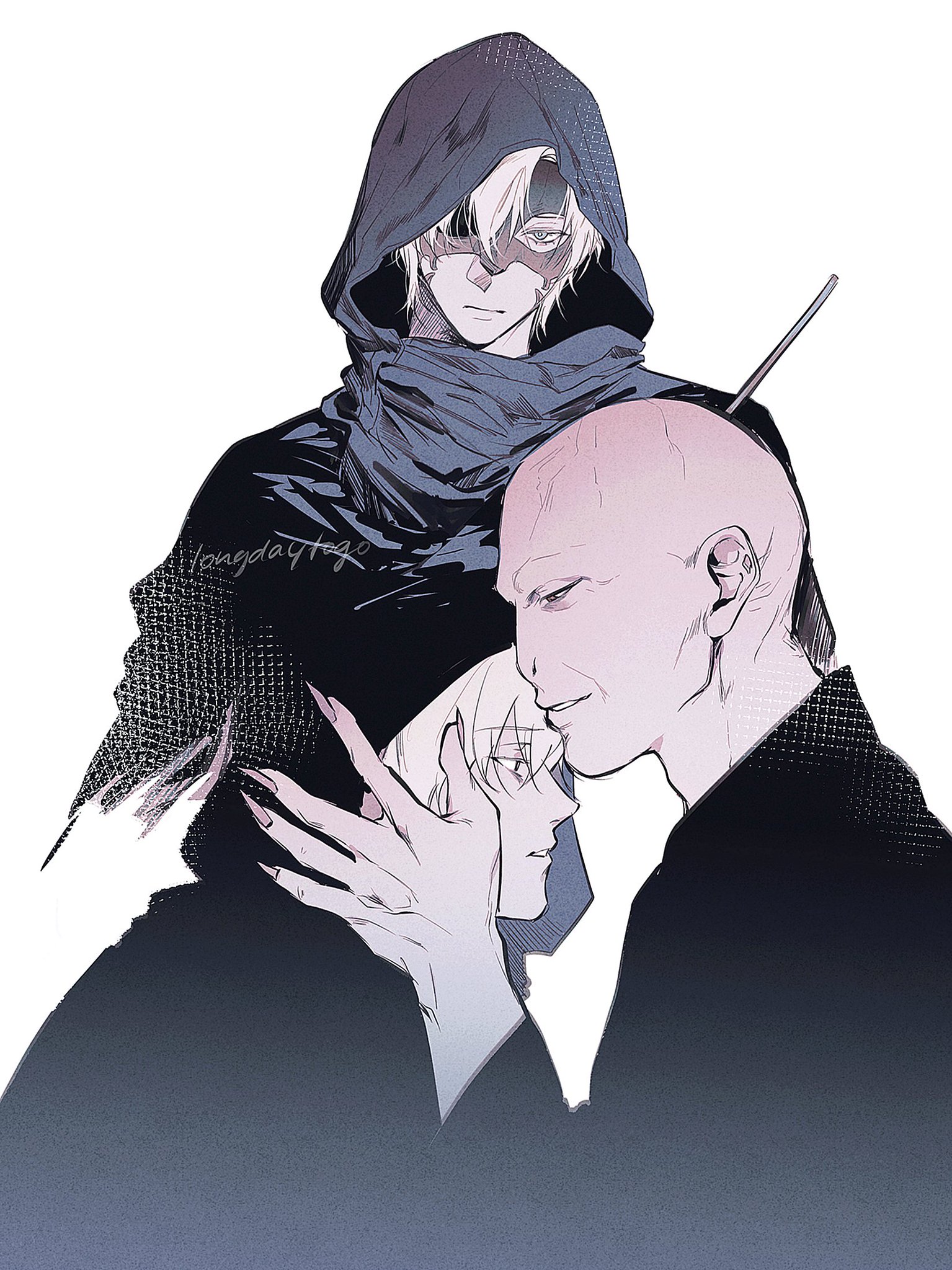 the image is a digital illustration depicting three male characters. the central figure is a bald, paleskinned man with a serious expression, wearing a dark, simple top. he's embraced by a younger character with short, lightcolored hair, whose face is partially obscured. behind them, a taller figure stands, wearing a hooded cloak and a dark scarf. his face is partially hidden by the hood, revealing only his eyes and part of his face. his expression also appears serious. the illustration's style is reminiscent of anime or manga, with a focus on linework and shading to create a somber and mysterious atmosphere. the overall color scheme is muted, consisting mainly of shades of blue, purple, and gray, with a white background. the positioning and interactions of the characters suggest a close relationship or bond, though the specific nature of their connection is left open to interpretation. the illustration's detail and style contribute to its overall narrative feel, suggesting a scene from a larger story.