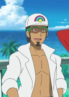 an anime character with a white hat and green sunglasses is standing on a balcony overlooking a beach. he is wearing a white jacket with no shirt underneath, and has dark skin and black hair. the sky is blue with some clouds, and there is a palm tree visible behind him. the ocean is a bright blue. the overall style is cartoonish and colorful.