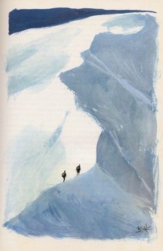 this is a minimalist mountain landscape painting featuring two hikers making their way up a snowy slope. the palette consists mainly of blues and whites, suggesting a cold and cloudy day. the aerial perspective emphasizes the vastness of the mountain and the smallness of the hikers.