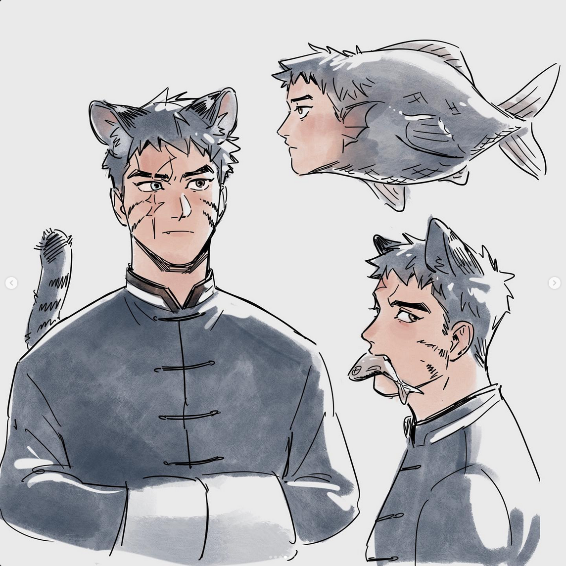 the image shows a collection of sketches depicting a young man with short hair and a scar over his eye wearing a traditional chinese outfit. he is depicted with various animalistic features, including cat ears and a tail in one drawing, a fish head in another, and a long, thin tongue in the last.