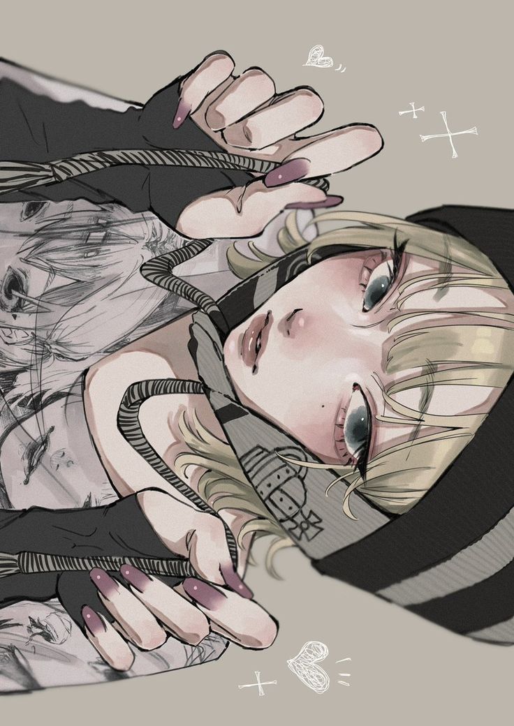 the image is a digital drawing or painting in an anime/manga style depicting a young woman. she has blonde hair, pale skin, and expressive blue eyes. she's lying down, partially obscured, and wearing streetwear style clothing that includes a beanie, gloves, and a top with graphic elements. her nails are long and painted a muted purple. the art style leans toward a pastel goth or grunge aesthetic with muted colors and the inclusion of drawn hearts and crosses. the focus is on the character's face and hands, with intricate detail given to her facial features, hair, and clothing textures. the overall mood is somewhat melancholic or introspective.