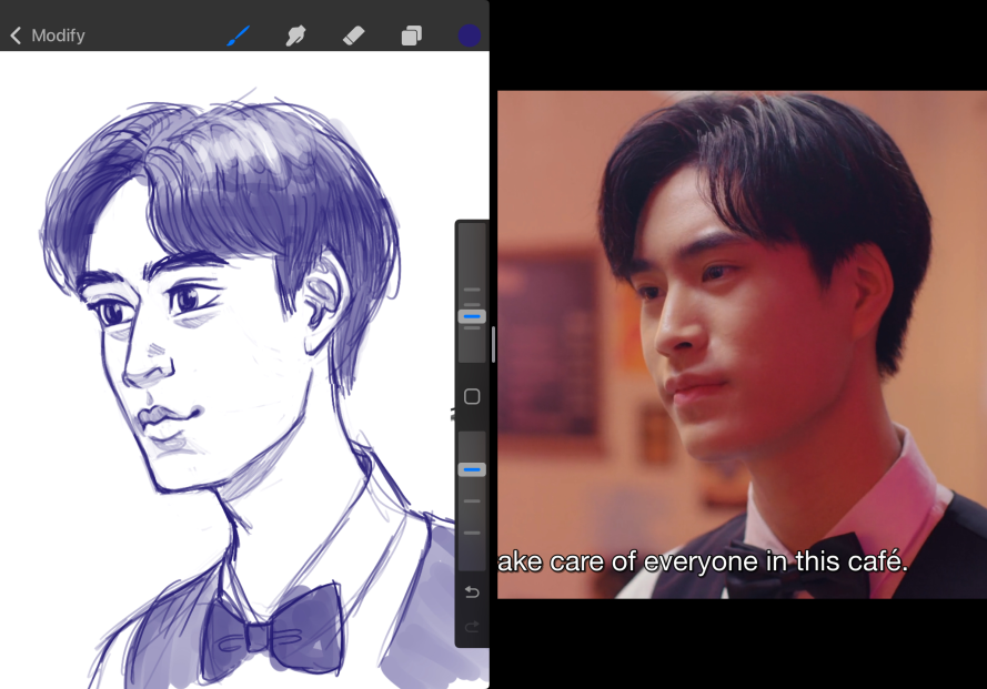 the image shows a split screen. the left side displays a digital drawing of a young asian man in a white shirt and bow tie, sketched in shades of blue and purple. the right side features a still from a tv show or movie with the same man, now portrayed by an actor, in a similar outfit. the scene appears to be set in a cafe with warm, pinkish lighting. the text "take care of everyone in this cafe" is visible at the bottom of the right screen, suggesting dialogue from the scene.