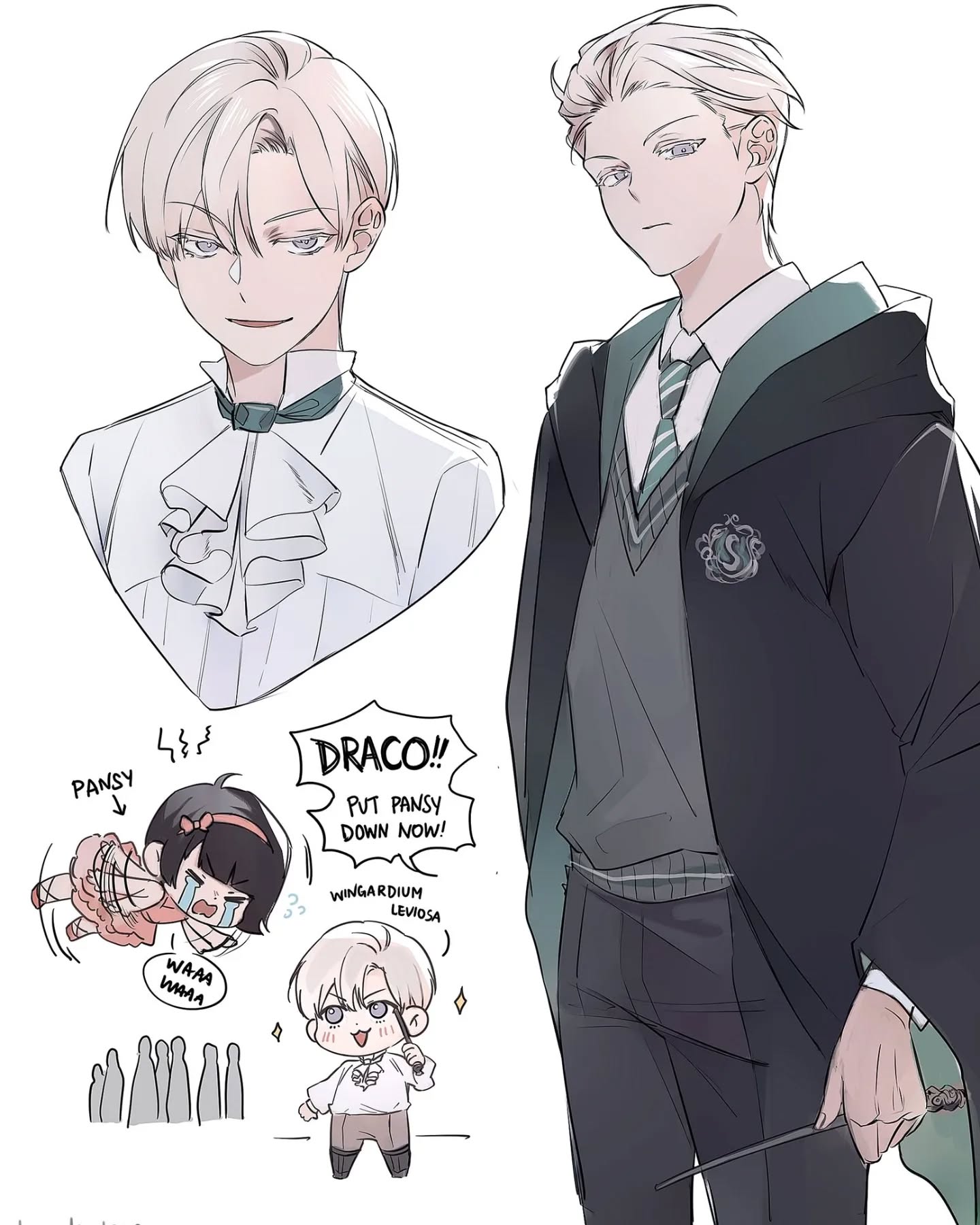 the image is a piece of fanart depicting characters from the harry potter universe, specifically draco malfoy and pansy parkinson. the style is animeinfluenced, featuring clean lines and soft shading. the main focus is two illustrations of draco malfoy: one a more realistic portraitlike depiction of him in a slytherin uniform, looking somewhat serious; and a much smaller, chibistyle illustration of him casting a spell ("wingardium leviosa") to rescue a distressed, chibistyle pansy, who is shown being "held" upside down by an unseen force. a separate, slightly larger sketch shows a softer, more youthful portrayal of draco without his uniform, hinting at his attire underneath.  there are also several small, simplified figures depicting a crowd possibly watching the event unfolding. the overall mood is lighthearted despite the dramatic scene of pansy being suspended. the artwork incorporates speech bubbles and visual cues to create a narrative.