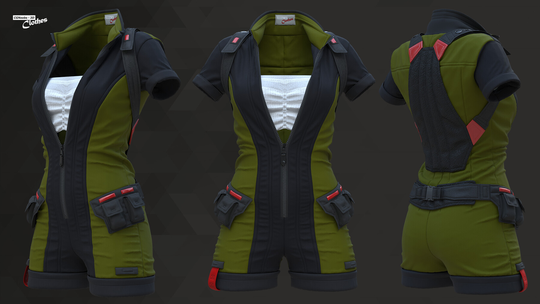 a 3d model of a futuristic female jumpsuit, showcasing a green and black color scheme with red accents. the jumpsuit features a zipper down the front, short sleeves, utility pockets, straps, and a belt. the model is rendered in a realistic style, creating a compelling image that is both stylish and functional.