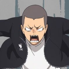 this is an illustration of a young man with a shaved head, wearing a black and white jacket. he appears to be angry or frustrated, as evidenced by his furrowed brows, wideopen eyes, and open mouth in a yell. the style of the drawing suggests it could be from an anime or manga.  the color palette is primarily grayscale, with black, white, and shades of gray dominating the image.