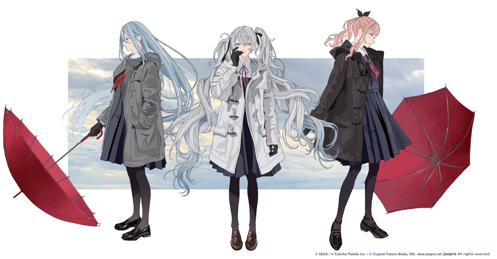 the image features three anime girls standing sidebyside against an overcast sky backdrop. each girl is wearing a variation of a school uniform consisting of a pleated skirt, black tights, and leather shoes (loafers or mary janes). they are also wearing duffle coats in different colors (grey, white, and dark brown), each with a hood and toggle closures. they are each holding a red umbrella. the girls have long, flowing hair in different colors (blue, white, and pink). from left to right, the characters are yoisaki kanade, hatsune miku, and asahina mafuyu. the artwork appears to be related to the vocaloid franchise. at the bottom right of the image is the text: "©sega/ colorful palette inc./ crypton future media, inc. www.piapro.net piapro all rights reserved."