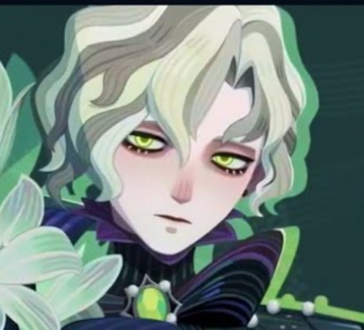 a closeup portrait of a young man with styled white hair and captivating green eyes. he has a pale complexion and a serious expression. he wears an elaborate dark outfit with a high collar and a green gemstone brooch. soft, white, translucent flowers frame his face, adding a touch of ethereal beauty to his somewhat brooding appearance. the background is a dark green, enhancing the overall mysterious aura of the image.