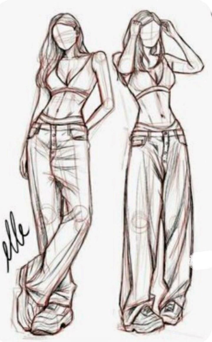 the image shows two sketches of a woman posing in stylish outfits. the focus is on the figures and the drape of the clothing, using loose lines and shading to create form and movement. both women wear lowrise jeans and a cropped tank top. one woman stands with her hand on her hip, while the other adjusts her hair.  the style of the drawings is modern and slightly edgy, emphasizing the female form in a confident and casual way.